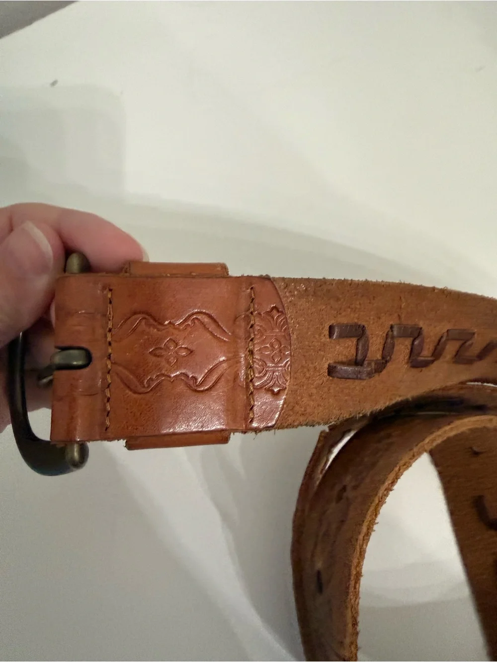 Fossil Brown Leather Belt M Western Tooled Braided Boho Cowgirl 42” Shaded